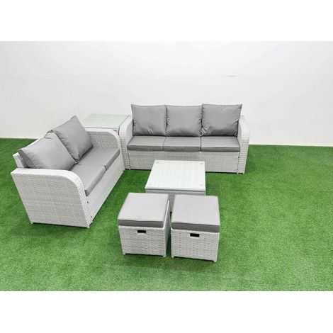 Fimous 7 Seater PE Rattan Wicker Garden Furniture Patio Conservatory Sofa Set with Square Coffee Table 3 Seater Sofa Love Sofa 2 Stools Side Table (1/4)