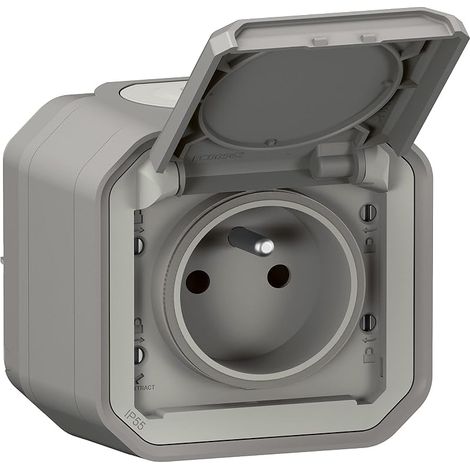 - Prise Etanche IP55 avec Terre Plexo - Prise 2P+T 16A Complète avec Volet - Pour Pose en Apparent - Gris
