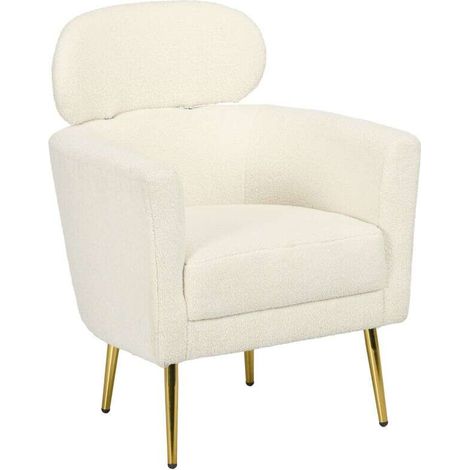 Fauteuil crapaud en peluche teddy avec appuie-tête réglable, pieds métal, 71 x 65 x 90 cm, couleur crème pour salon moderne