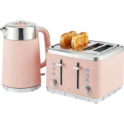 HOMCOM 1.7L 3000W Rapid Boil Kettle and 4 Slice Toaster Set Crumb Tray Pink