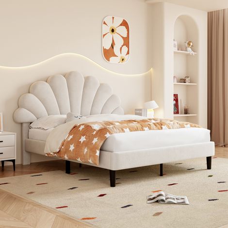 Beige 4ft6 Velvet Double Bed Frame with Adjustable Petal Headboard,Solid Wood Slats&Easy Assembly