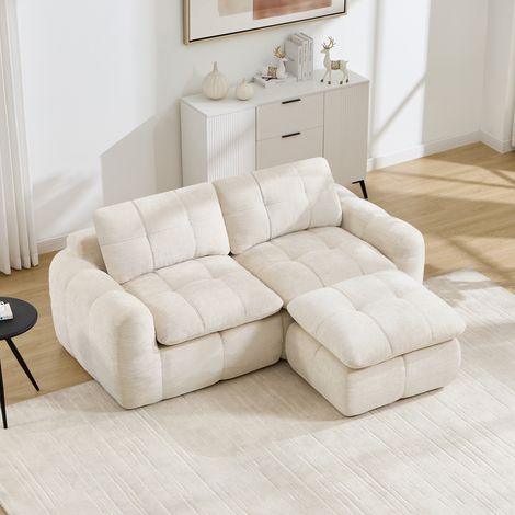 Canapé d'angle modulable 2 places sans structure, motif matelassé à carreaux, revêtement en chenille, base antidérapante, livré monté avec 1 pouf, beige, idéal pour les salons et appartements. (1/5)