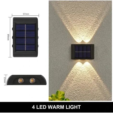 Applique murale solaire extérieure (4 LED blanc chaud) 12 LED étanche pour jardin, cour, balustrade, lampe d'ambiance décorative, lampe solaire à éclairage indirect (1/5)