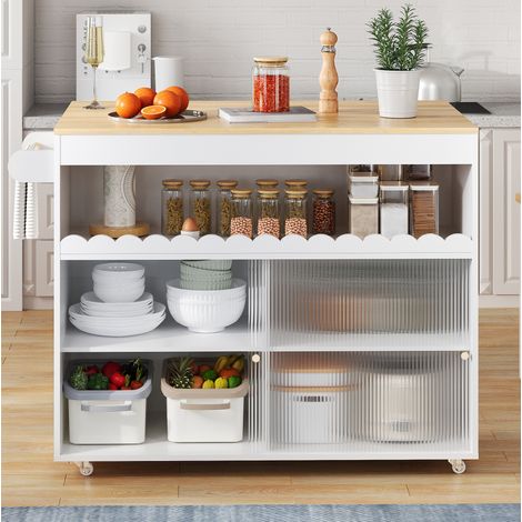 Carrito de cocina plegable, 122x46(69)x91 cm, puertas correderas de cristal, blanco y natural (1/5)