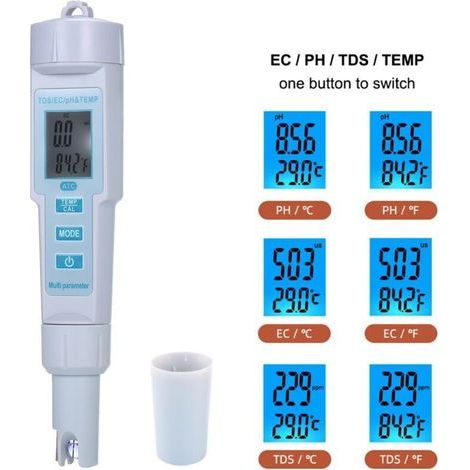 4 en 1 Testeur Numérique pH/EC/TDS/ Mètre et Compteur de Température 0.01 PH Haute Précision Testeur de Qualité de L'eau pour les Ménages Potables, Piscine et Aquarium (1/4)