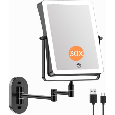 5000mAh Miroir cosmétique rechargeable avec éclairage LED,miroir de maquillage avec grossissement 1/30X et batterie interrupteur tactile,miroir de rasage à intensité variable,pivotant à 360°,Noir