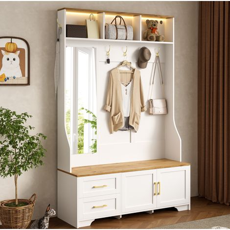 MODFU – Meuble d'entrée 120x40x187 cm MDF – LED 16 couleurs, miroir, patères, tiroirs et assise – Charge 70 kg, USB/Bluetooth – Entrée – Blanc et bois (1/5)