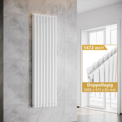 ELEGANT Design Heizkörper Weiß Doppellagig Röhrenheizkörper Oval Mittelanschluss Paneelheizkörper Vertikal 1600x472mm 1472Watt