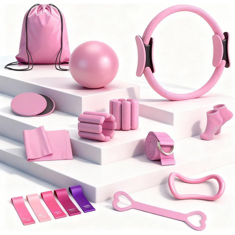 Kit Pilates 14PCS Rose – Kit Pilates Maison avec Anneau, Ballon, Chaussettes Femme, Poids Ajustables, Bandes de Résistance – Équipement de Musculation – Set Entraînement Complet (1/5)