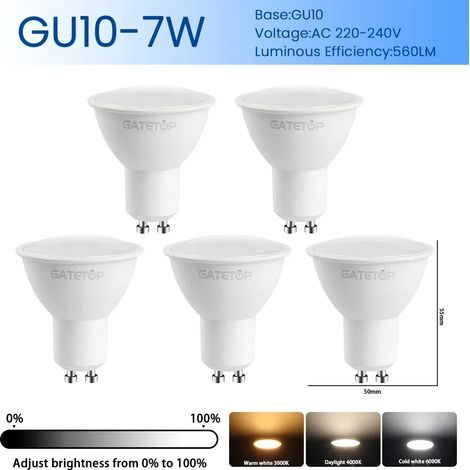 Ampoules LED encastrées (GU10, lumière naturelle 4000K) à 5 tubes, pour éclairage intérieur. (1/3)