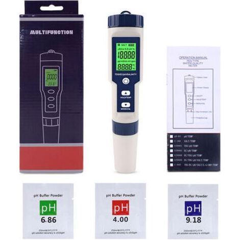 Elektronisches 5-in-1-pH-Meter mit TDS-, EC-, Salzgehalts- und Temperaturmessung hochpräzises, wasserdichtes Multi-Parameter-pH-Messgerät (IP67) pH- und Salzgehaltsmessgerät für Poolwasser mit automat (1/5)