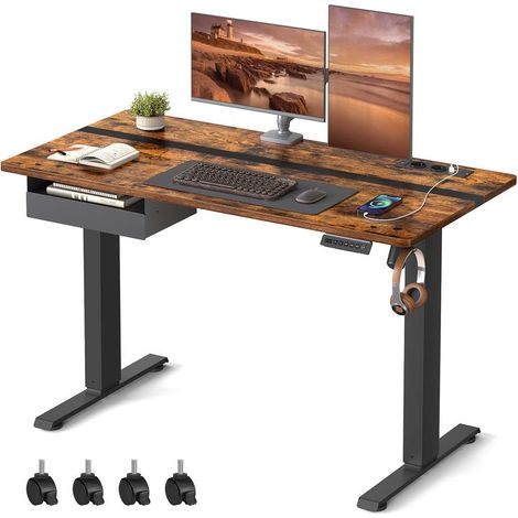 Bureau assis-debout réglable en hauteur 60 x 120 cm fonction mémoire ergonomique style rustique en aggloméré marron (1/2)