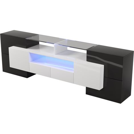 Meuble TV élégant, panneau bas. Blanc brillant et noir, 200 cm, éclairage LED, meuble de salon. Design moderne. Élégante surface en verre.