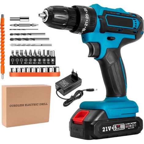 Set de visseuse à percussion sans fil 18 V compatible avec les batteries, perceuse sans fil avec 26 pièces d'accessoires pour foret de perçage, mandrin de perçage de 10 mm, visseuse sans fil (1/5)