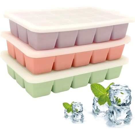 Set di 3 stampi quadrati in silicone per cubetti di ghiaccio con coperchio, riutilizzabili, per preparare bevande fresche fatte in casa. (Permettono di creare 15 cubetti di ghiaccio piccoli) (1/5)