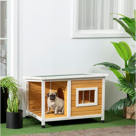 Caseta para perros con porche, techo abatible, ventana y patas regulables, naranja DESVIAE (1/5)