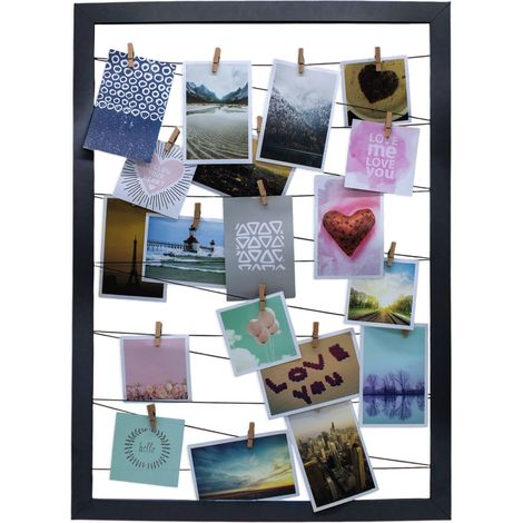 Fotohalter 75x55 cm schwarz - Gummileine mit 20 Holz Klammern - Fotorahmen Bilder Rahmen Galerie