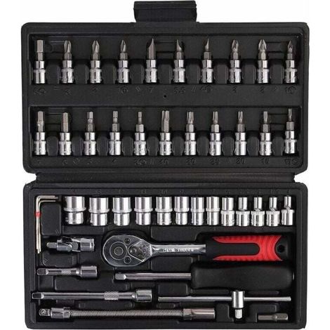 Clé dynamométrique 1/4\\", clé dynamométrique entièrement réglable avec tête à cliquet (5–25 Nm), coffret d\'outils à main 46 pièces, petit jeu de clés volantes, coffret à cliquet (1/4)