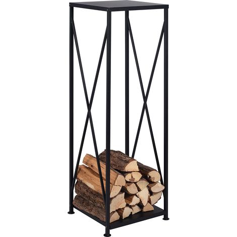 Support à Bois de Chauffage avec Espace de Rangement sur le Dessus en Fer à Revêtement par Poudre et Motif X, env. 34 x 34 x 111 cm, Noir (1/5)