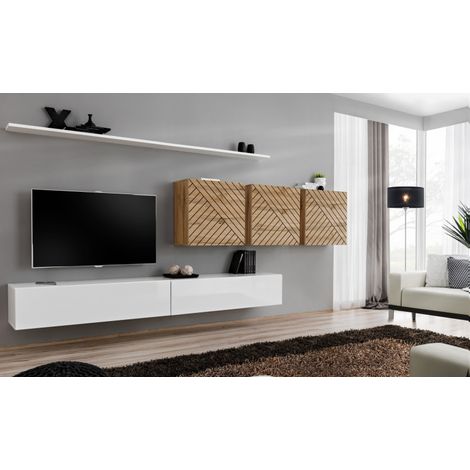 Ensemble de 7 meubles muraux "Switch VII " pour TV en bois - Blanc et Beige - L 340 x H 150 x P 40 cm - Livraison gratuite