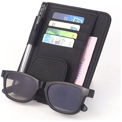 Organisateur de pare-soleil en cuir – Pour voiture et camion – Range lunettes, cartes, documents, stylo et baume à lèvres – Noir (1/5)