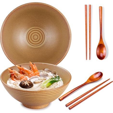 Lot de 8 bols à ramen en céramique avec 2 bols à ramen avec baguettes, bol en céramique et cuillère pour nouilles asiatiques et Udon (cuivre mat, 2 ensembles) (1/5)