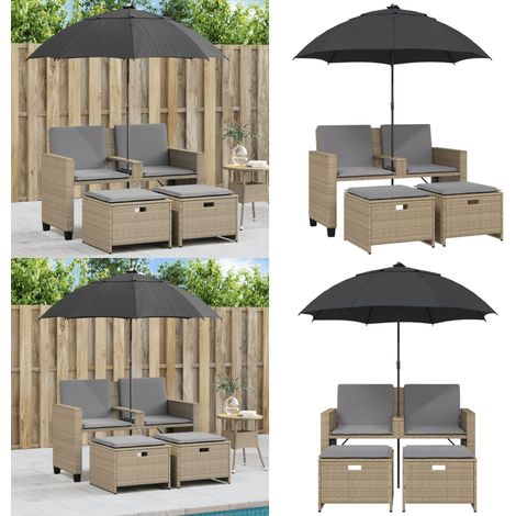 vidaXL Gartensofa 2-Sitzer Sonnenschirm und Hocker Beige Poly-Rattan (1/5)