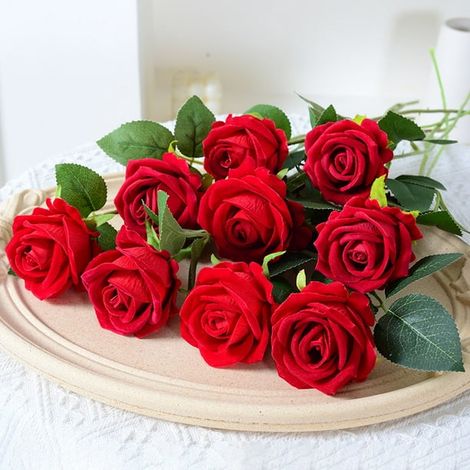 12 roses artificielles, fleurs simulées à tige longue avec boutons de rose, réalistes pour décoration mariage, maison, jardin, anniversaire (Rouge) (1/5)