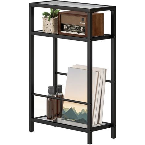 Table d'appoint moderne à 3 niveaux, table basse et table de chevet en verre trempé avec structure en acier noir, pour salon ou chambre (1/5)
