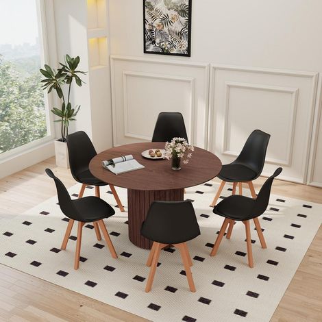 Runder Esstisch 120cm mit 6 Stühlen, nordisches Design, dunkelbraun/schwarz (1/5)
