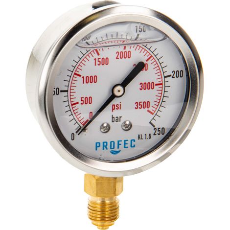 Glycerin-Manometer fi 63 0 → + 250 bar 1/4"-Boden Messing