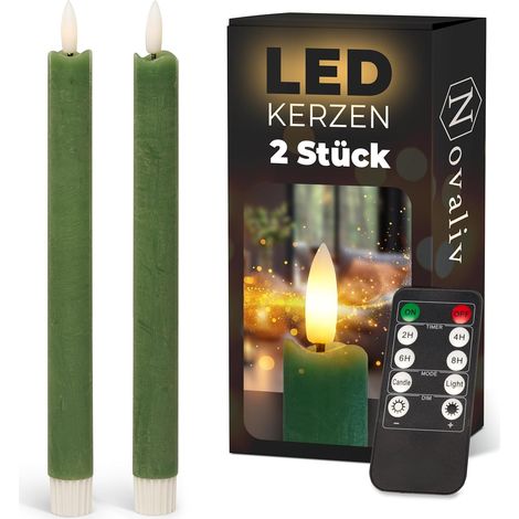 Bougies bâton LED avec minuterie verte, lot de 2, pour l'intérieur, avec minuterie de 6 heures - CIRE VRAIE, hauteur de 23 cm pour les bougies,