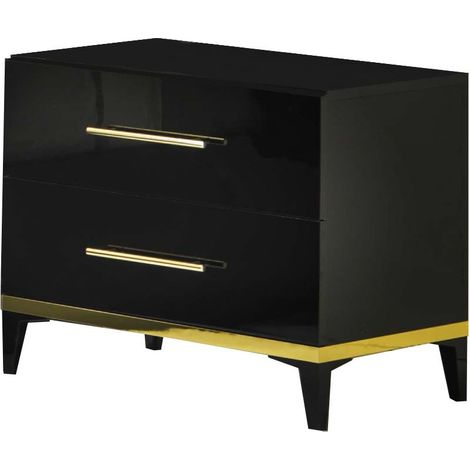 Chevet design 2 tiroirs bois noir laqué et métal doré Diamanto 50cm (1/3)