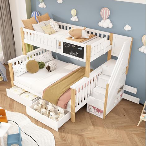 Letto a Castello 90x200 cm con Struttura in Legno Massello Bianco e Rovere Chiaro