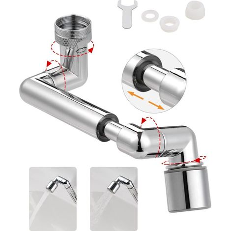 Rallonge pivotant à 1440 degrés pour robinet d'évier de salle de bain/de cuisine à grand angle torsadé 2 flux d'eau et aérateur de rotation pour évier de cuisine (chromé)