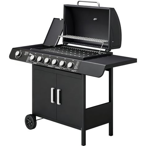 Barbecue à gaz avec couvercle, 7 brûleurs de 20 kW, brûleur latéral et 2 roues, 135 x 50 x 100 cm, noir (1/5)