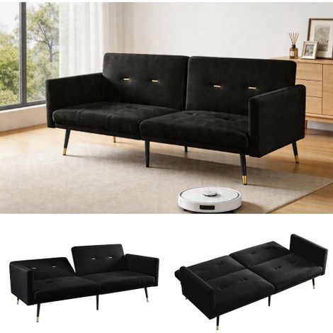 2-in-1 Schlafsofa, Multifunktionales Klappsofa mit Verstellbarer Lehne, Umbaubares Sofa für Wohnzimmer & Schlafzimmer, Schwarz