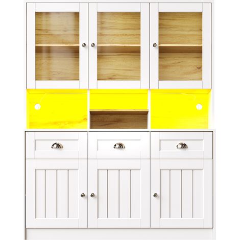 Meuble de cuisine 140x40x175cm, armoire haute buffet, vitrine avec étagères réglables, bahut avec éclairage LED à couleurs variables, blanc/noir (1/5)