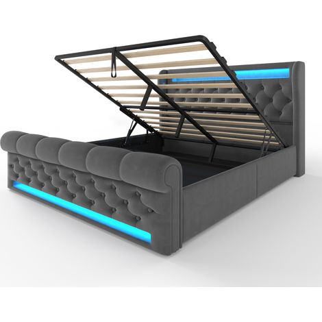 Doppelbett-Kastenbett 140x200 cm aus grauem Samt mit LED, USB und USB-C (1/5)