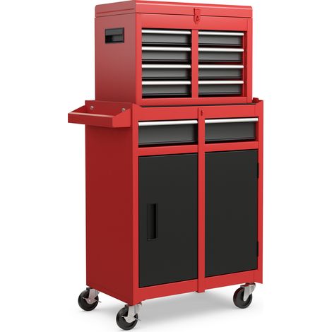 Combiné 2 en 1 Servante d'Atelier 5 Tiroirs Rangement Outils Coffre Amovible Acier Mobile 4 Roues Noir Rouge (1/5)