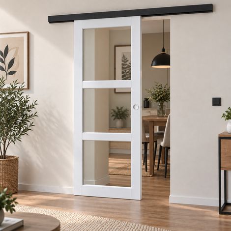 Porte Coulissante Kenya Blanc Vitrage Transparent H204 X L83 Cm, Rail Alu Bandeau Noir, Coquilles Blanc Gd Menuiseries (1/3)