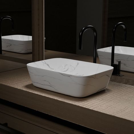 Lavabo sobreponer Rectangular de Cerámica Blanca Mate Efecto Mármol - 45,5x32,5x13 cm - WHITE MARBLE (1/5)
