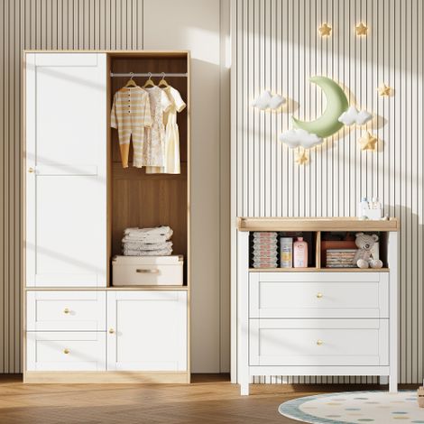 Modernluxe - Ensemble mobilier bébé - Armoire + Table à langer - Portes coulissantes - Barrière de sécurité amovible - MDF - Blanc+Naturel (1/5)