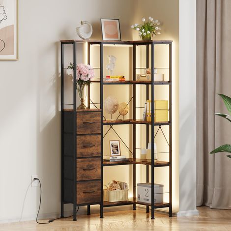 Corner Shelf with LED Lighting, 5 Tier Book Shelf with 4 Fabric Drawers, Shelves, Bookcase, Bookshelf, Shelving Unit, Floor Standing, for Living Room Bedroom Office