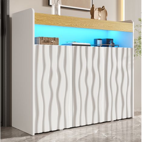 Aparador 3 puertas con nicho abierto y LED, 105x33,5x76 cm, estantes ajustables, en tableros de partículas, blanco y natural (1/5)