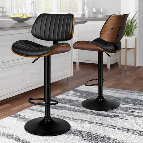 ALFORDSON 2x Bar Stools, Adjustable Swivel Bentwood, PU Leather Upholstered, Back, Footrest, Kitchen, Dining Room, Home Pub Countertop, Black, 150kg
