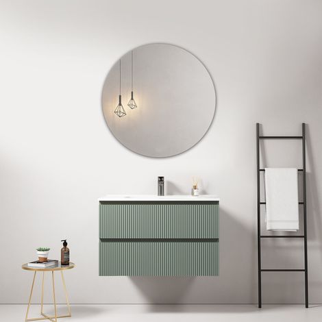 Mobile bagno sospeso cannettato 80 cm Verde Salvia Lavabo in Ceramica Specchio Tondo - Fiji Paint (1/4)