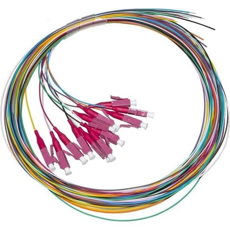 Jarretière fibre optiques fibre optique en queue de cochon, Lot de 12, Connecteurs LC simplex, OM4 50/125 µm, 2 mètres, Blanc, violet, turquoise, noir