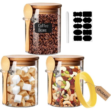 Bocaux en verre avec couvercle hermétique et cuillère, rangement pour café, thé, sucre, sel et épices, décoration de cuisine (1/5)