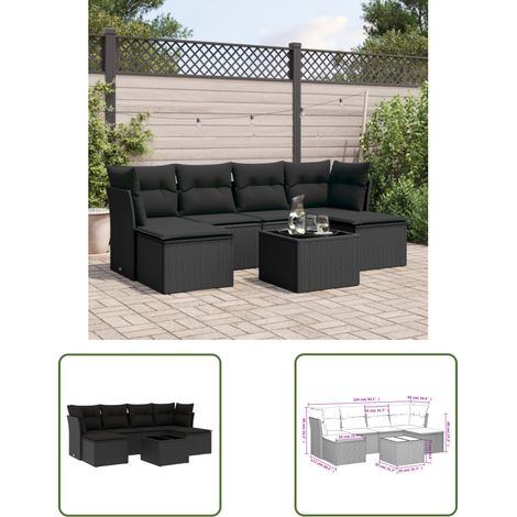 The Living Store Salon de jardin 7 pcs avec coussins noir résine tressée - Ensemble Salon De Jardin - Mobilier De Jardin - Résine Tressée - Rotin Synthétique - Chaise De Jardin (1/3)